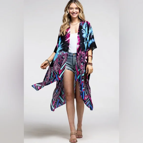 Vibrant Cosmic & Paisley Kimono - Psychedelic Colors - Lightweight Silky Fabric - Picture 2 of 6